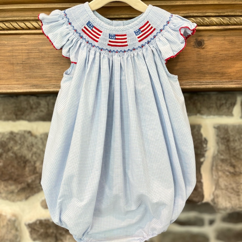 Southern Smocked Co. American Flag smocked bubble blue gingham 2t